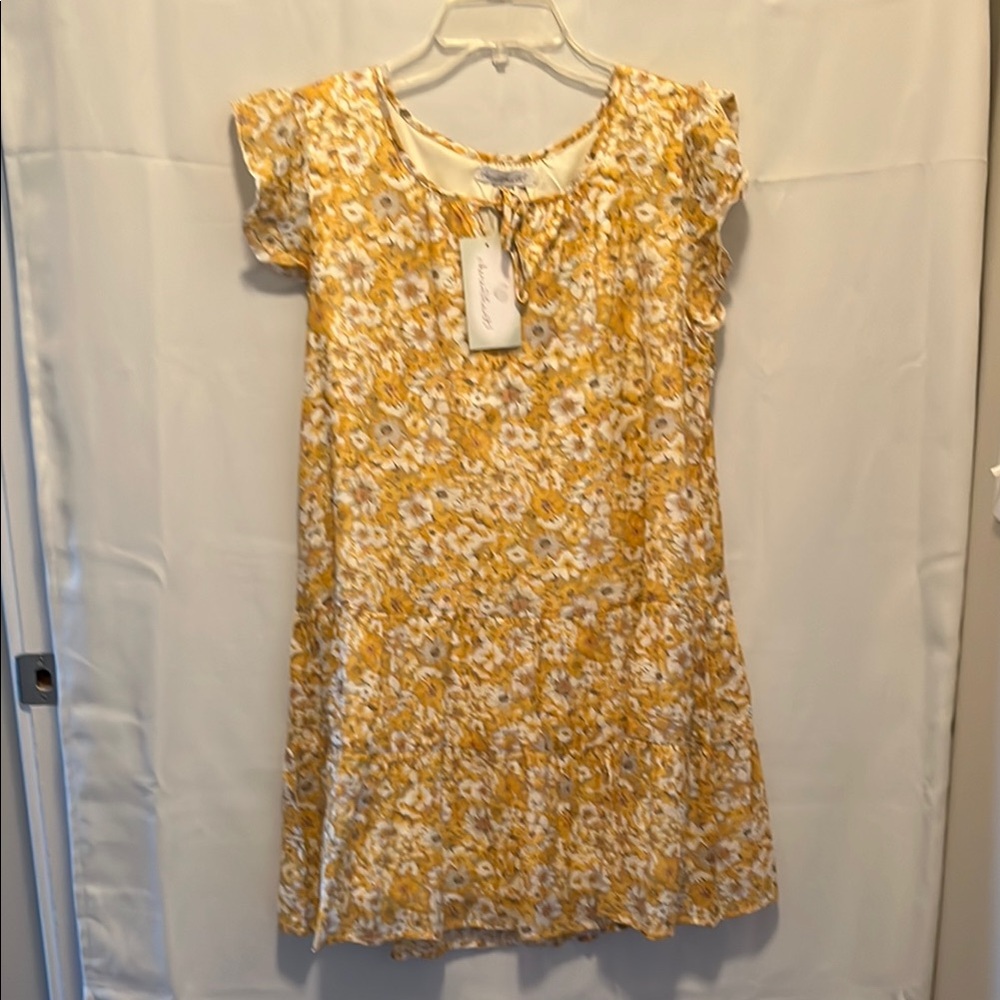 Kerenhart flower print tiered dress cap ruffled sleeve above knee size M